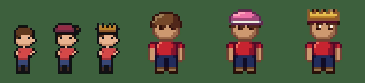 Before and after at eight times: the first collector (left, 10 by 21 pixels with one-pixel eyes and marker-coloured clothes) beside the rebuilt figure (26 pixels, a face, a scarlet tee with its own outline, a cap in two dyes, the Founder's crown).