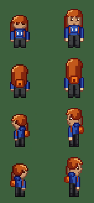 The collector before and after, standing, four facings at four device pixels per texel: the 26-pixel figure of build 21 on the left and the 30-pixel figure of build 34 on the right, feet aligned. The new one has brows, a mouth, a nose facing down, hands, knee lines and feet, and outlines in its own colours.