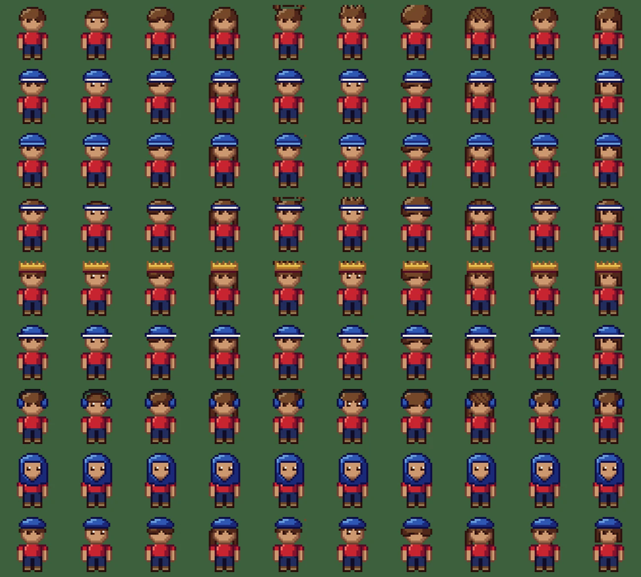 Every hairstyle under every hat, facing down, at four times. Rows are hats (none, cap, beanie, visor, crown, bucket hat, headphones, hijab, bandana); columns are the ten hairstyles. The cap, beanie, bucket hat and bandana trim the hair above their brims; the hijab hides it; the visor, crown and headphones show it.