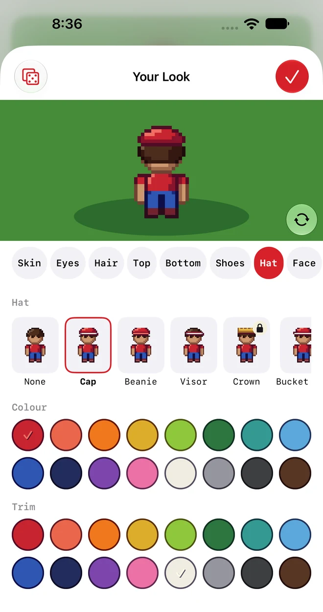 The creator on an iPhone 18 Pro Max: the figure on lawn at a whole number of device pixels per texel, a chip per slot, the hats each shown on the collector's own figure with a lock on the Founder's crown, and swatches with spoken names for the cap's colour and trim.