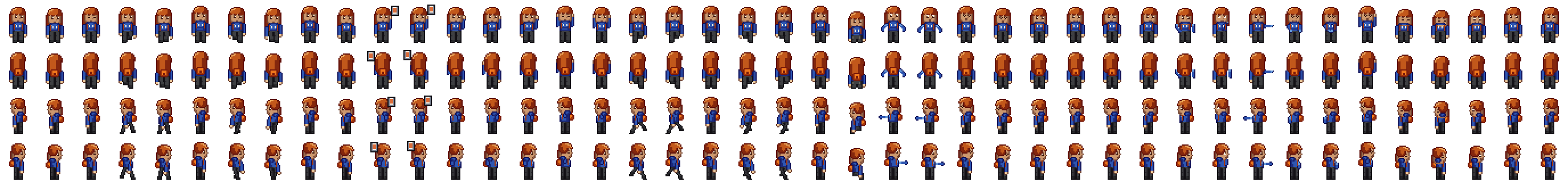 One look through every frame, the whole sheet at two device pixels per texel (as of build 36): 43 frames by four facings, the breath, the blink, the walk, the card raise, the wave, the stretch, the run, the seat and the twelve emotes.