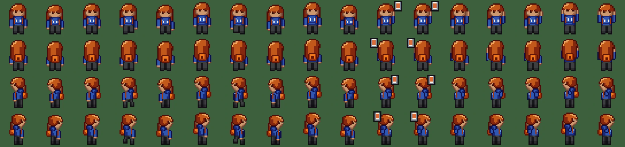 One figure through every frame, four facings by seventeen: the breath, the blink, the six-frame walk, the card raise with the card in the hand, the wave, the stretch. Long hair falls behind the shoulders facing down and over them facing up; the backpack's straps show from the front and the pack from behind.