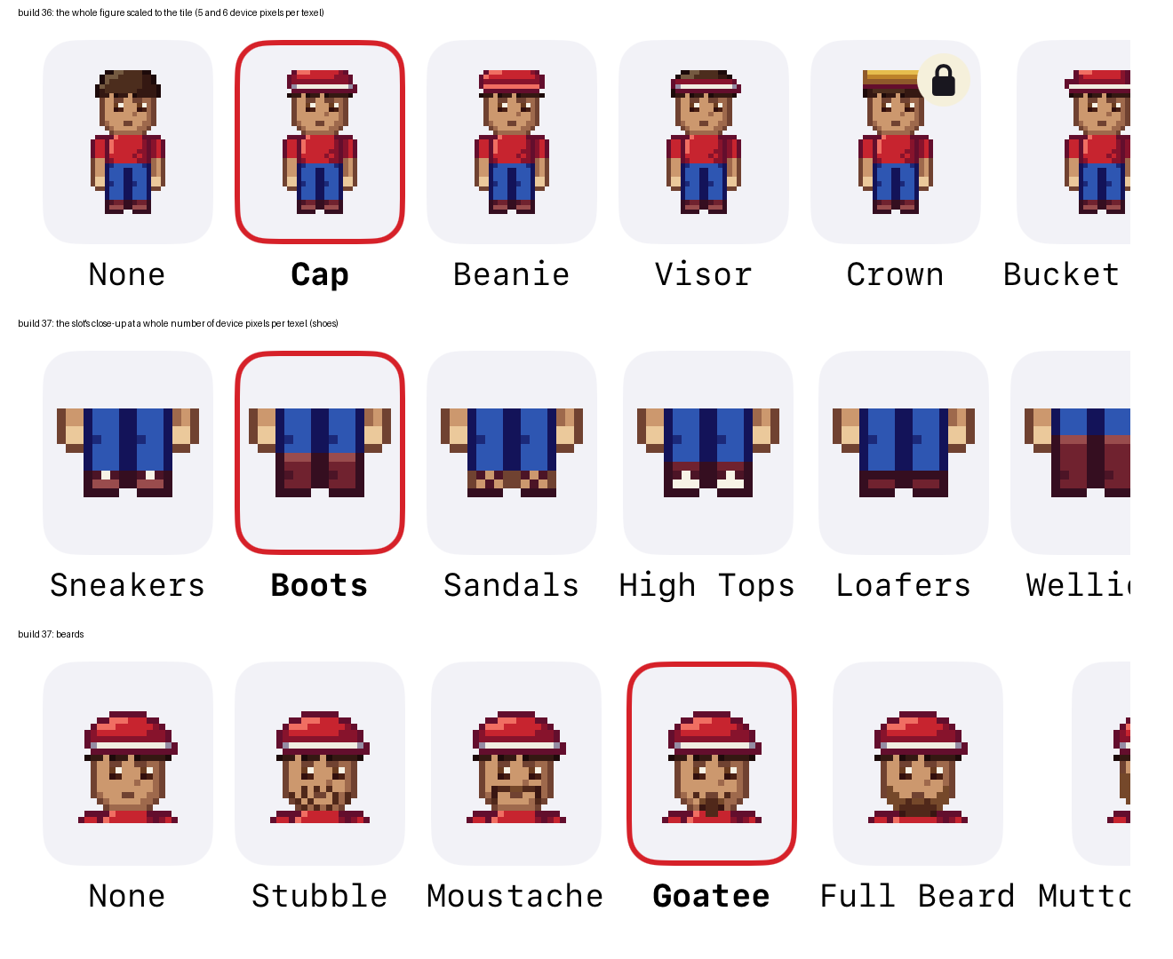 The creator's picker on the iPhone 18 Pro Max, unscaled crops of the captures: build 36's hats, the whole figure squeezed into each tile at five and six device pixels per texel; build 37's shoes and beards as the slot's close-up at a whole number.