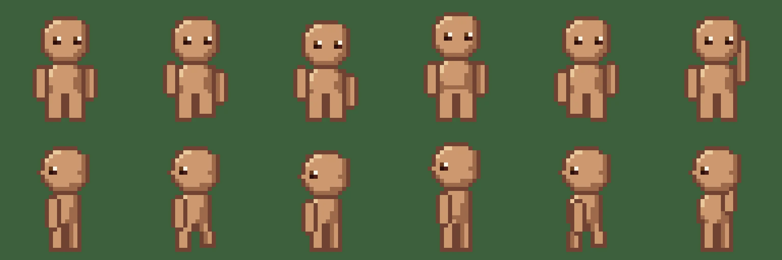 The naked rig, facing down and facing left, six of the seventeen frames at eight times: standing, four frames of the walk, and the wave. The head is twelve of 26 rows; the eyes are two by two with a highlight; the profile has a nose.
