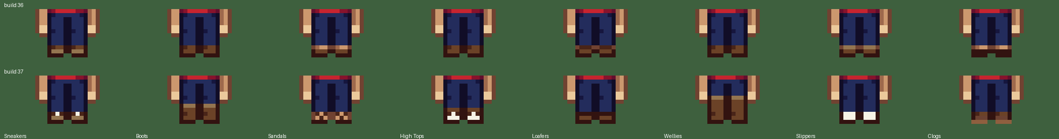 The eight shoes facing down at eight device pixels per texel, build 36 above and build 37 below: above, boots, high tops and wellies are the same brown feet; below, boots and wellies rise over the trouser leg, high tops wear a white band, sandals show the foot through straps, slippers are white, clogs stand on wooden soles.