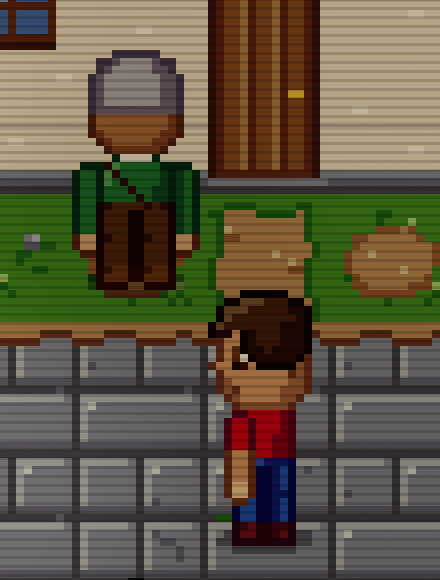Two collectors by Moss's door by day, an unscaled crop of build 35's chimney walk at eight device pixels per texel, the town's new terrace under the player's feet: Moss, one of the town's own, in a green sweater with a satchel, facing his door; the player on the terrace's paving beside the worn earth of the step.
