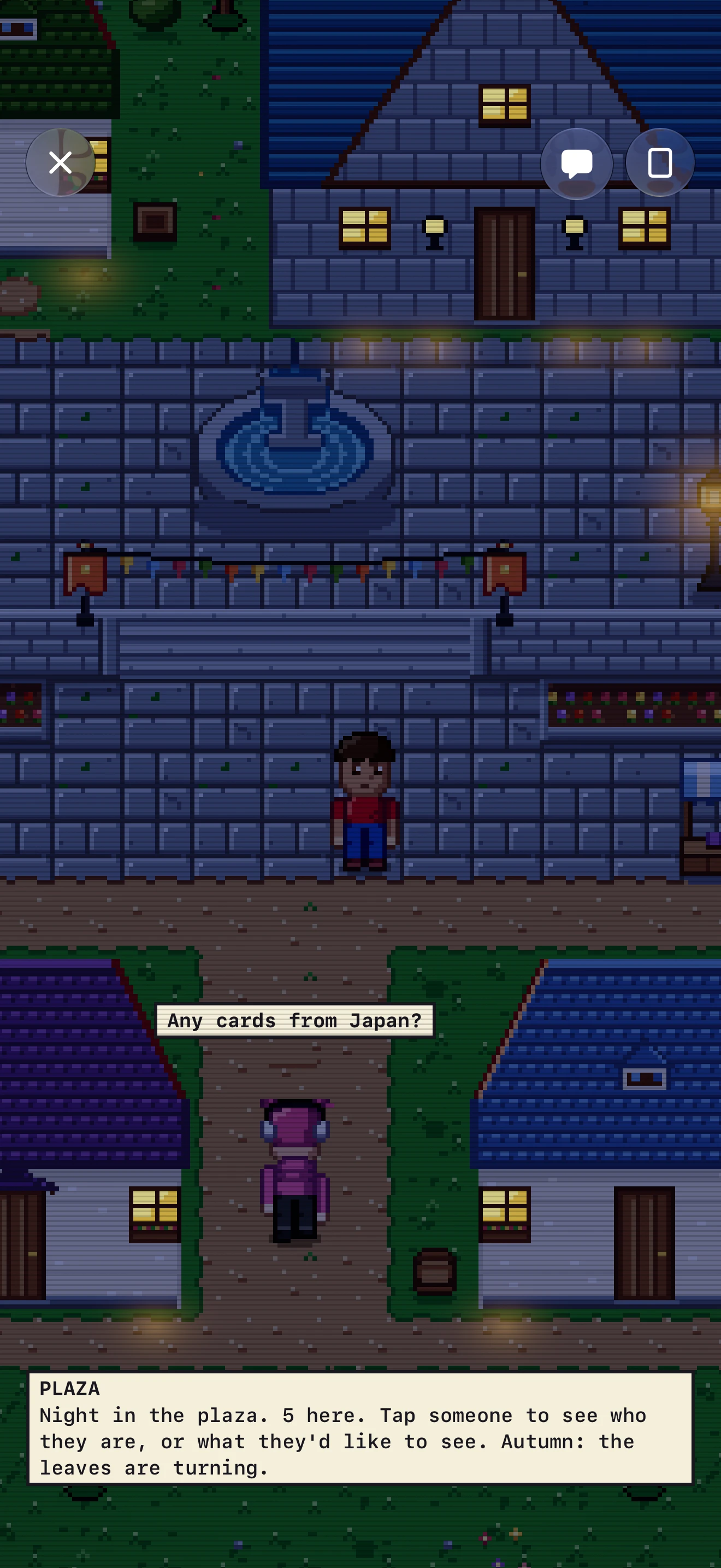 The court at night on the iPhone 18 Pro Max simulator, an unscaled capture from the plaza's time walk: the collector on the arrival under the grand stair, the wall with its pilasters, the banners and the bunting, the beds in the wall's shadow with a stall's canopy at the right edge, the fountain on the terrace and the hall lit above it with its sconces, and Dawn on the avenue below with a line said.