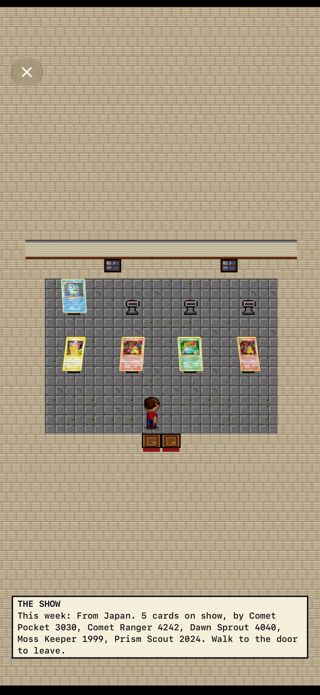 The hall on an iPhone 18 Pro Max from the hall walk, with a scripted peer in the plaza: five cards on show on the pedestals, the town's four collectors' and the peer's, under the week's theme, the collector just in through the door at the bottom.