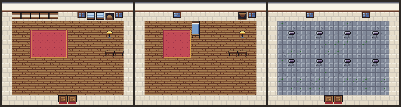 Three interiors the forge draws, its previews at two times: your ground floor (boards, the shelf and the glass case against the back wall, the rug, the lamp, the desk, the stair opening in the back wall at the right, the two-cell door mat at the bottom), the floor upstairs (a bed at the top, the rug, the lamp, the desk at the right, the stair down at the top right, and the plain stretch of back wall at the left where the app hangs the board), and the hall (stone, eight pedestals in two rows of four, two windows in the face, the mat).