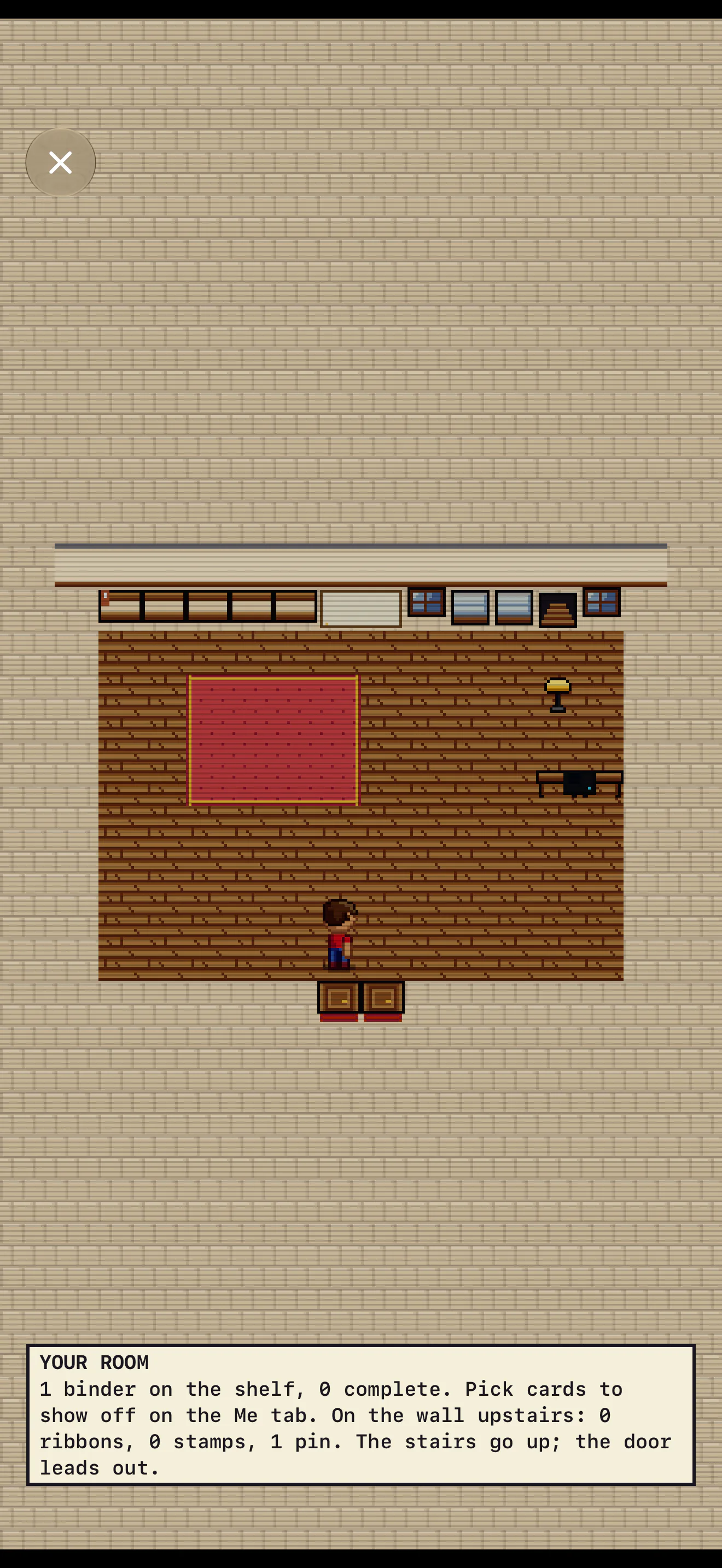 Your house on an iPhone 18 Pro Max, an unscaled capture from the room walk on its fixture collection: one binder on the shelf and the glass case still empty along the back wall, the rug, the lamp, the desk, the stair opening at the top right, and the collector just in from the door.