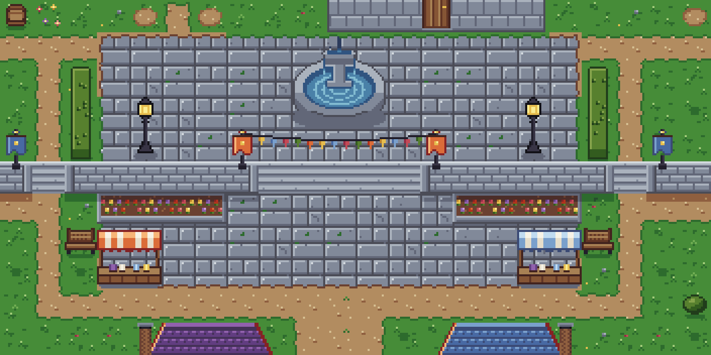 The square in the forge's preview at four device pixels per texel: the terrace with the fountain, two lamp posts and hedges at its sides; the wall with pilasters at the stair cheeks, a banner on each and bunting strung between; the grand stair; the beds under the wall either side of the landing; the court with a stall in each lower corner and a bench on the lawn beside it.
