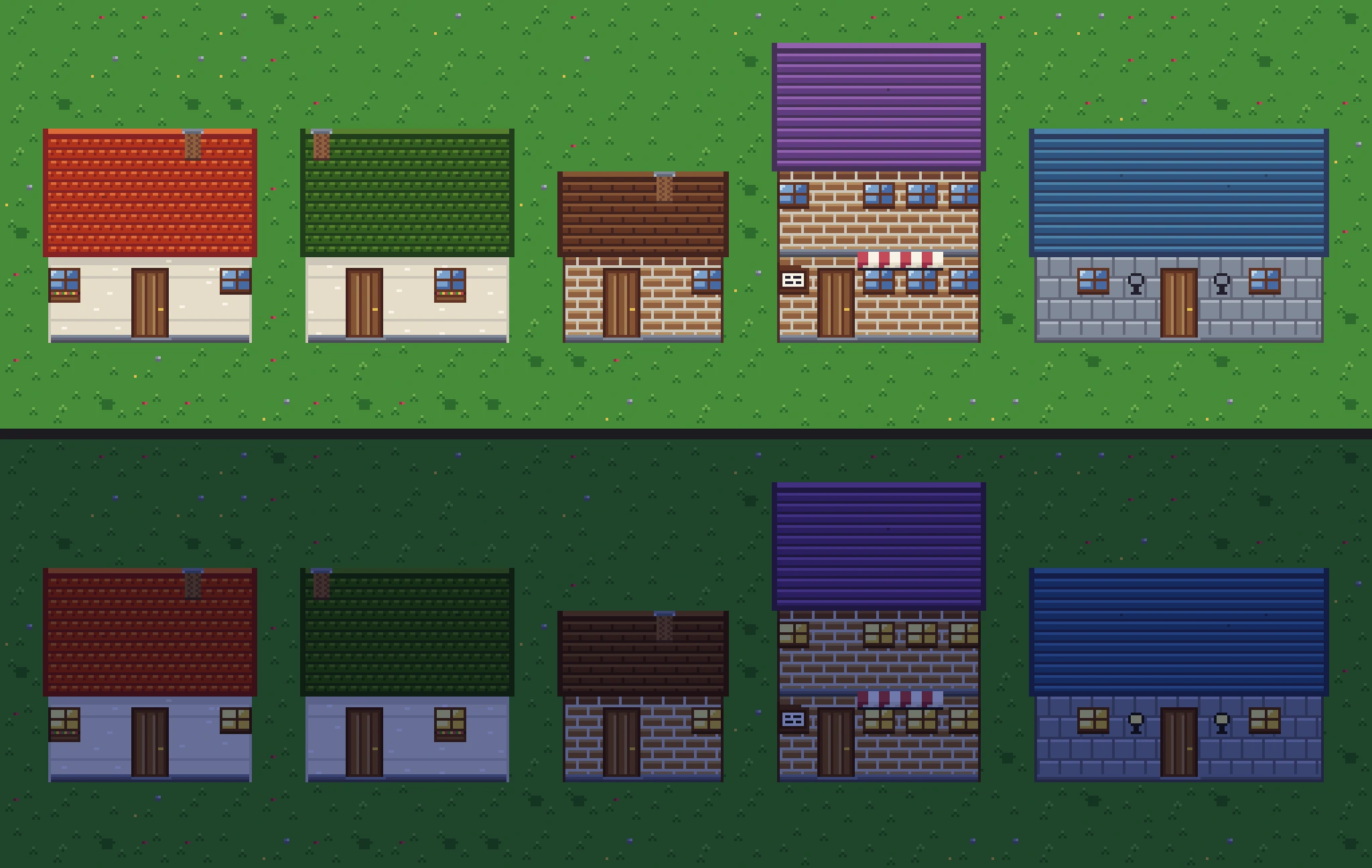 The composer's street render of its five sample buildings, by day and after dark: two 5-by-5 plaster houses under clay roofs, red and green; a 4-by-4 brick house under brown shingle with two roof rows; a two-storey brick shop under violet slate with an awning and a hanging sign; and a seven-wide stone hall under blue slate with a sconce either side of the door. At night the windows and the sconces are drawn lit and the whole render takes a flat dusk tint, panes included; in the app the lit cells are a separate untinted mesh, so they keep their gold.
