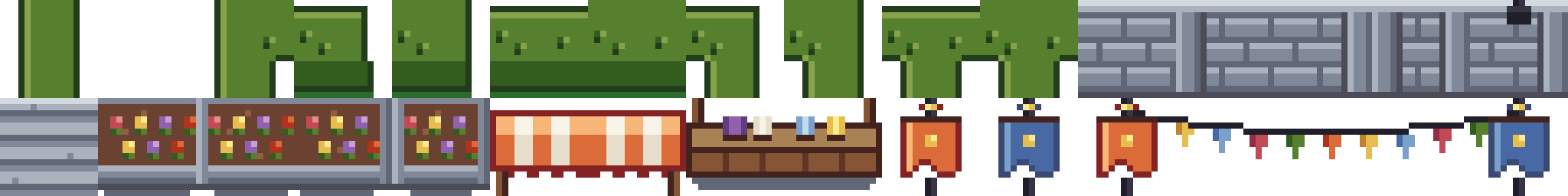 The terrace's pieces on the forge's prop sheet at eight device pixels per texel: the wall face in a run and at its ends, with a banner's pole on one; the stair; four flower beds; a stall's canopy and its two counters; the red and blue banners; and the bunting strung between two of them.