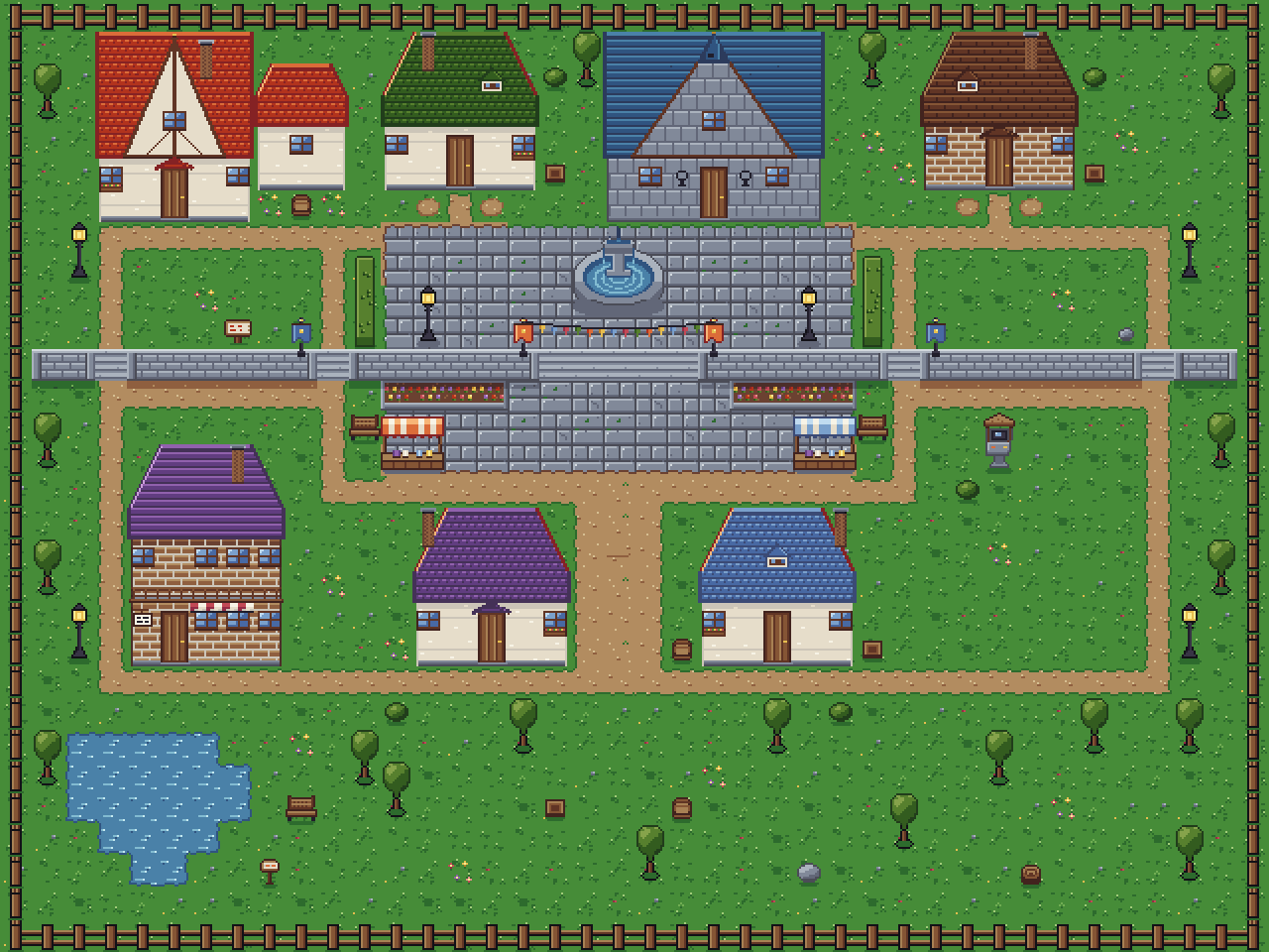 The forge's preview of the town at two device pixels per texel: the houses and the hall along the top, the fountain's terrace below them, the wall across the town's width with the grand stair on the square's axis and a stair for each street, the court under it with its beds and stalls, the shop and the two houses on the lower level, and the park with the pond.