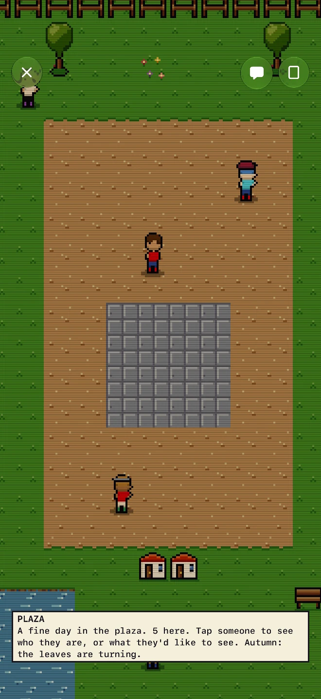 The Kiradex plaza on an iPhone 18 Pro Max after the forge: lawn, path and flagstone tiles drawn by rule, trees with shadows beneath, the fence and the pond, collectors, some in hats, each with a blob shadow, and the two house fronts.