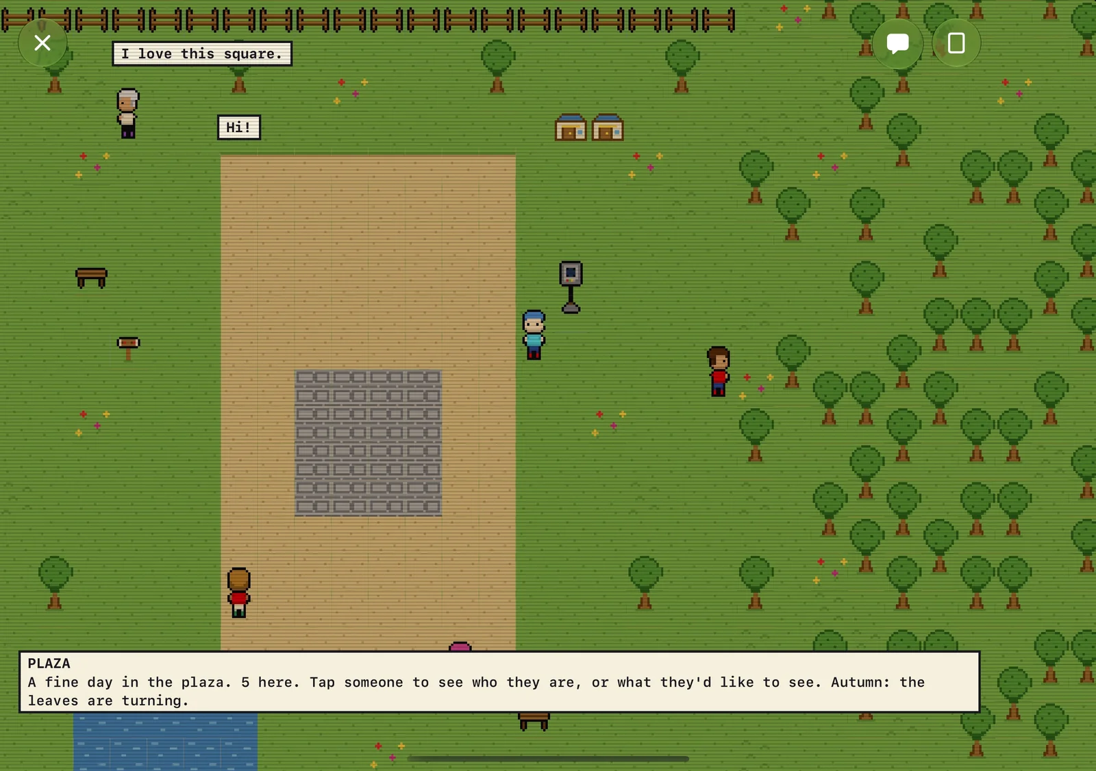 The Kiradex plaza filling the open iPhone Duo's inner display in the simulator: a lawn and paths at six device pixels per texel, with the HUD inside the safe area.