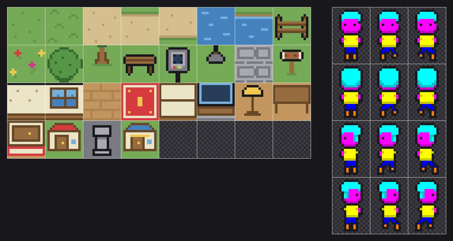 The old Kiradex tile set and collector sheet at eight times scale with a grid: flat colour, text-grid tiles, a two-frame walk.