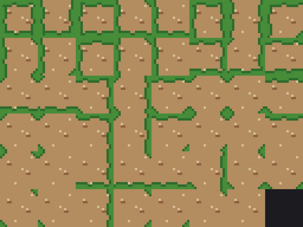The 47-tile blob set for a path inside a lawn, generated by rule: edges and corners indexed by the cr31 bitmask, with a wobbling boundary and a dark grass rim.