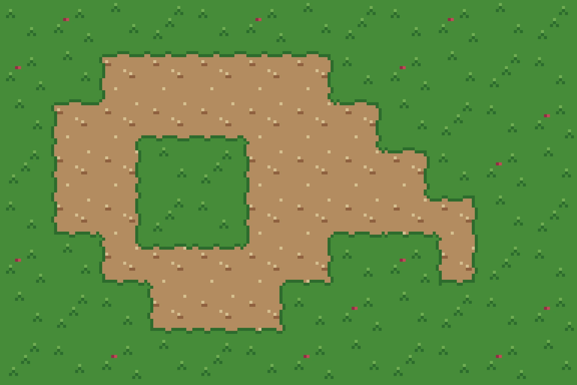 A proving field laid with the lawn-path set: the edges wobble instead of ruling straight, lawn variants break the repetition, and the softened corners read as worn ground.