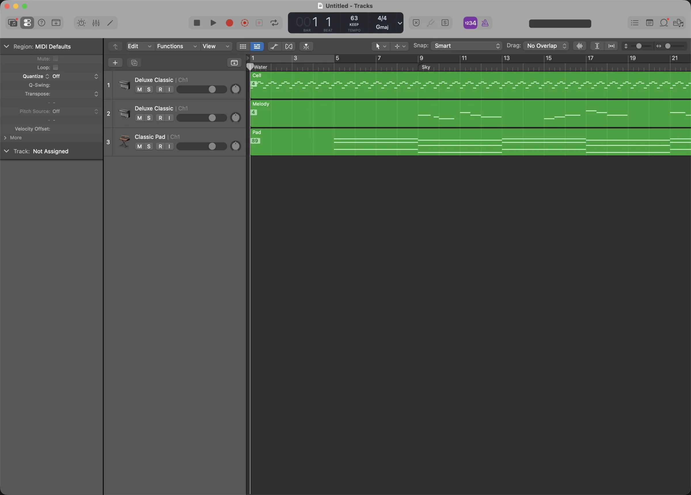 Paper Boat open in Logic Pro: tempo 63, G major, the Water and Sky markers, three regions named Cell, Melody and Pad, on tracks Logic named Deluxe Classic and Classic Pad from the file's program numbers