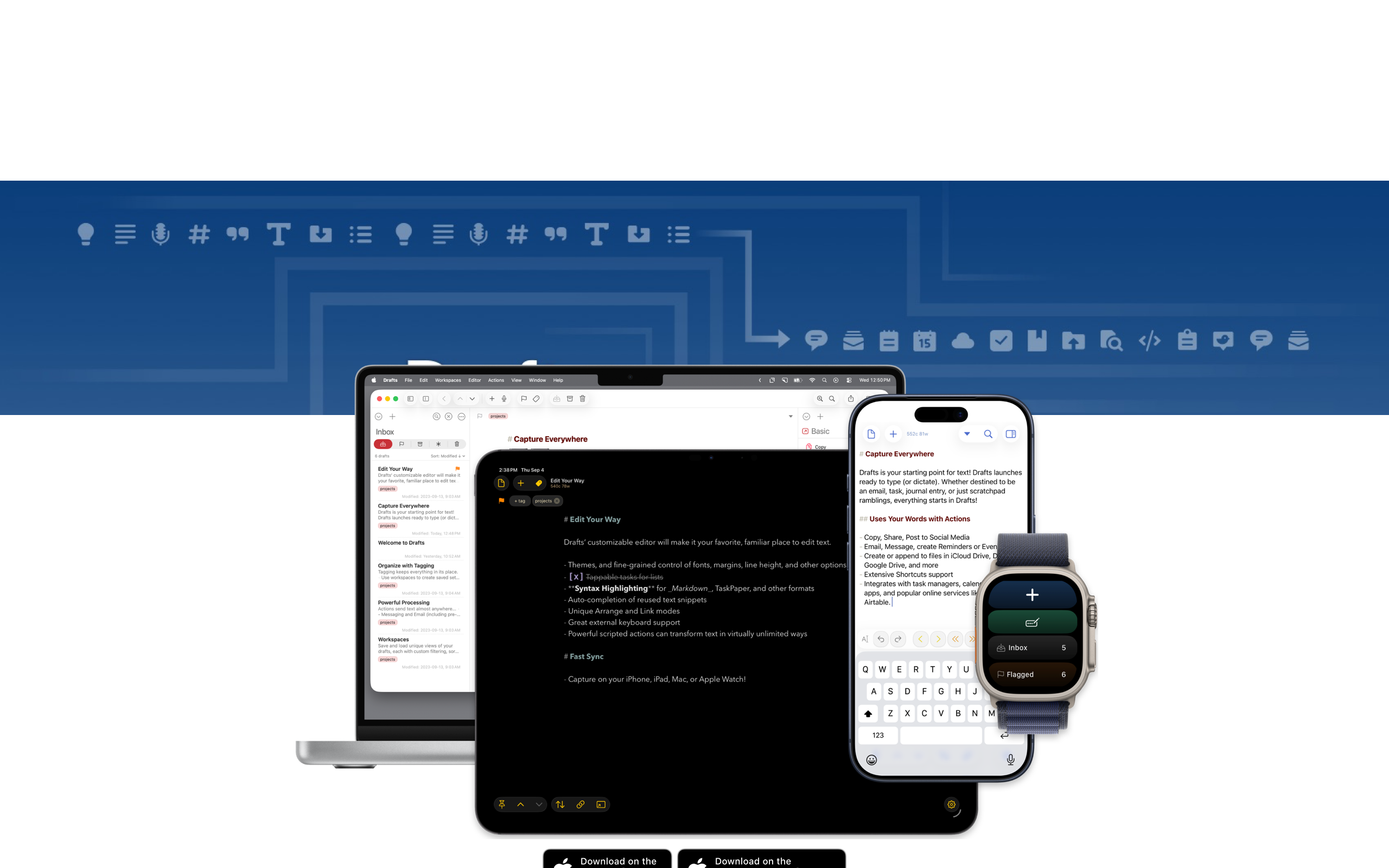 Drafts: テキストファースト・キャプチャのための実用的な明快さ screenshot