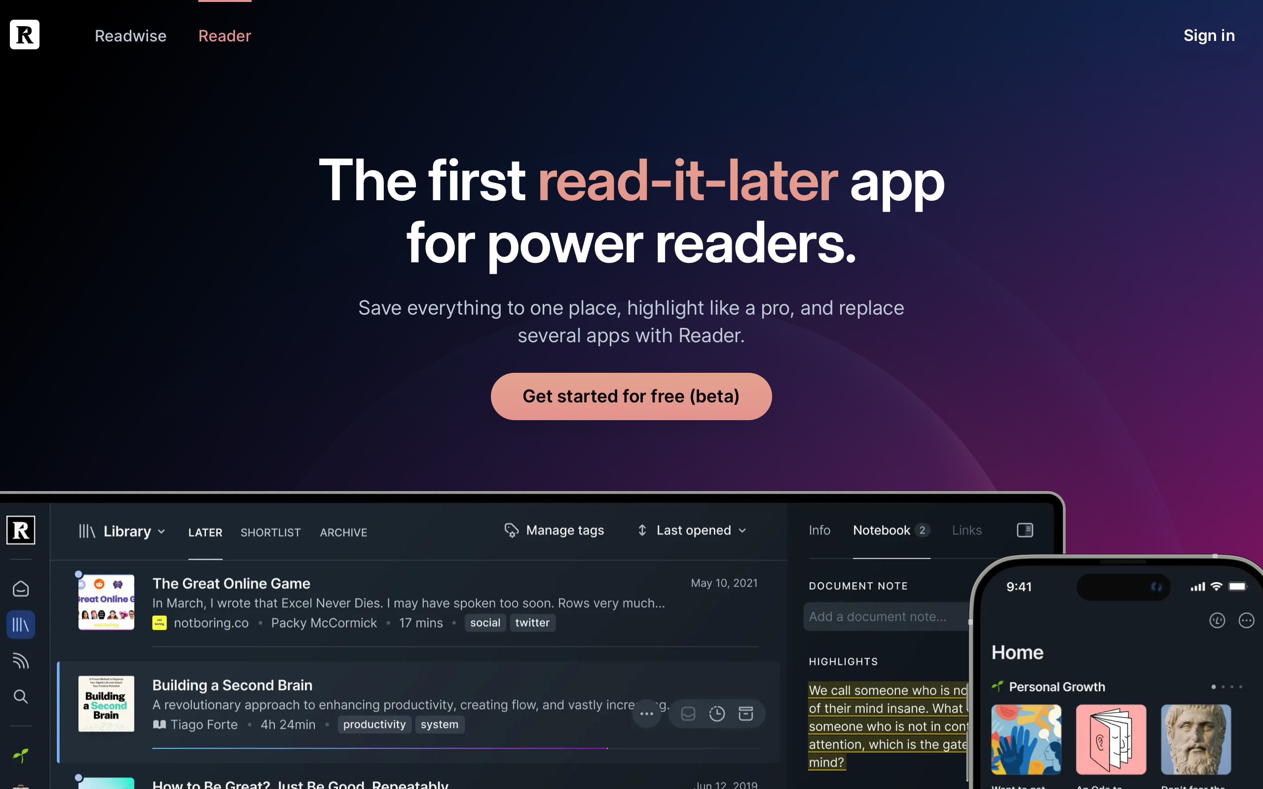 Readwise Reader: 깊은 독서 도구를 위한 코스믹 브랜딩 screenshot