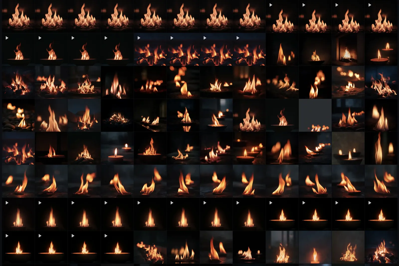 Midjourney contact sheet: dozens of fire variations