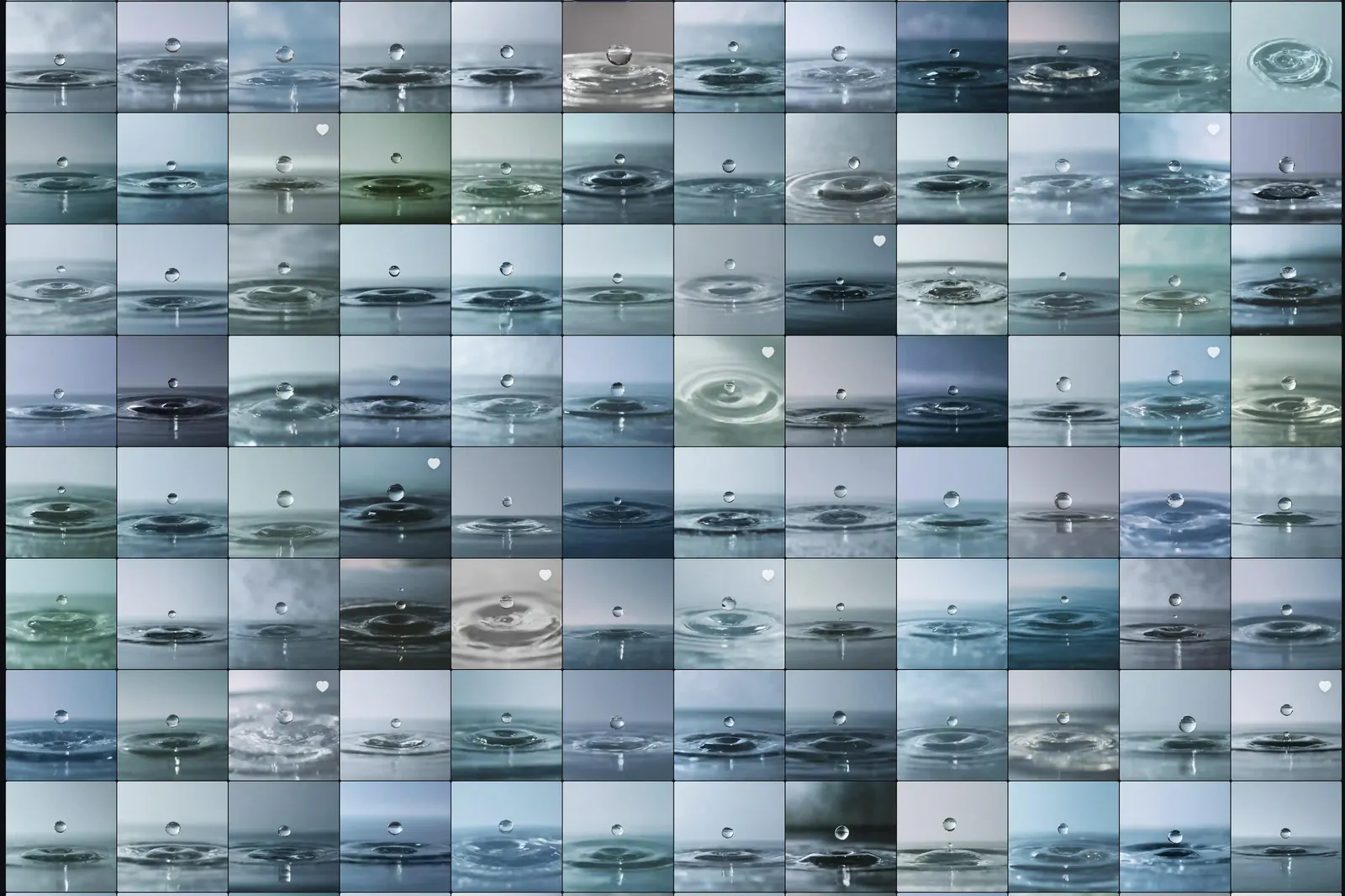 Midjourney contact sheet: hundreds of water drop variations, a few marked with hearts and play triangles