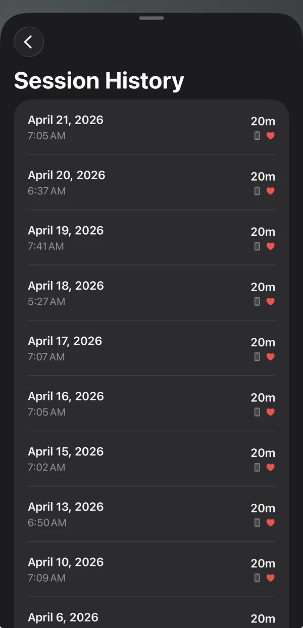 Return Session History screen showing a list of 20-minute meditation sessions